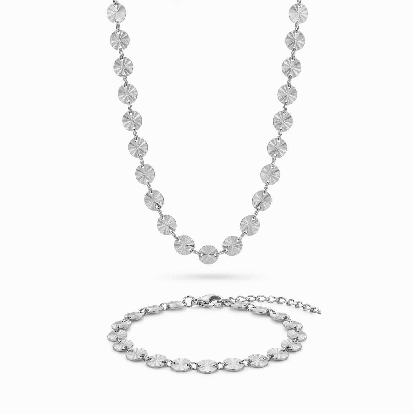 Hypoallergenic Starburst Disk Jewelry Set - Tarnish Resistant 18K Gold Plated Matching Chain Set