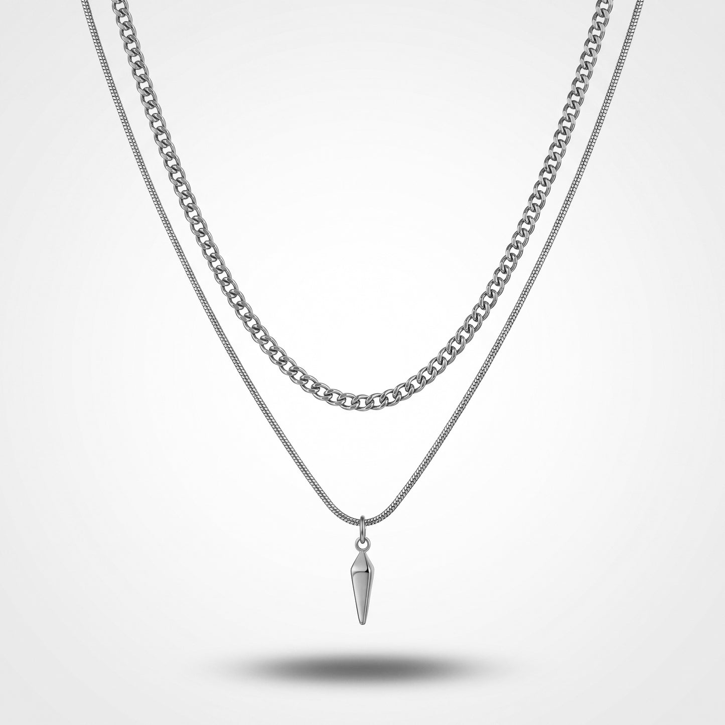 Waterproof Spike Pendant Layered Necklace - 18K Gold Plated Stainless Steel Cuban & Box Chain