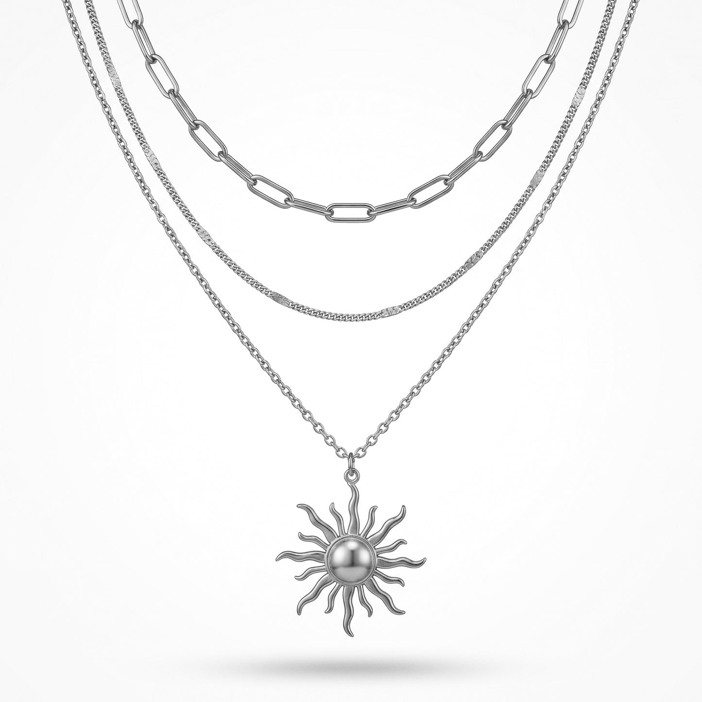 Triple Strand Sunburst Charm Necklace - 18K Gold Plated Sweat & Water Resistant Stainless Steel