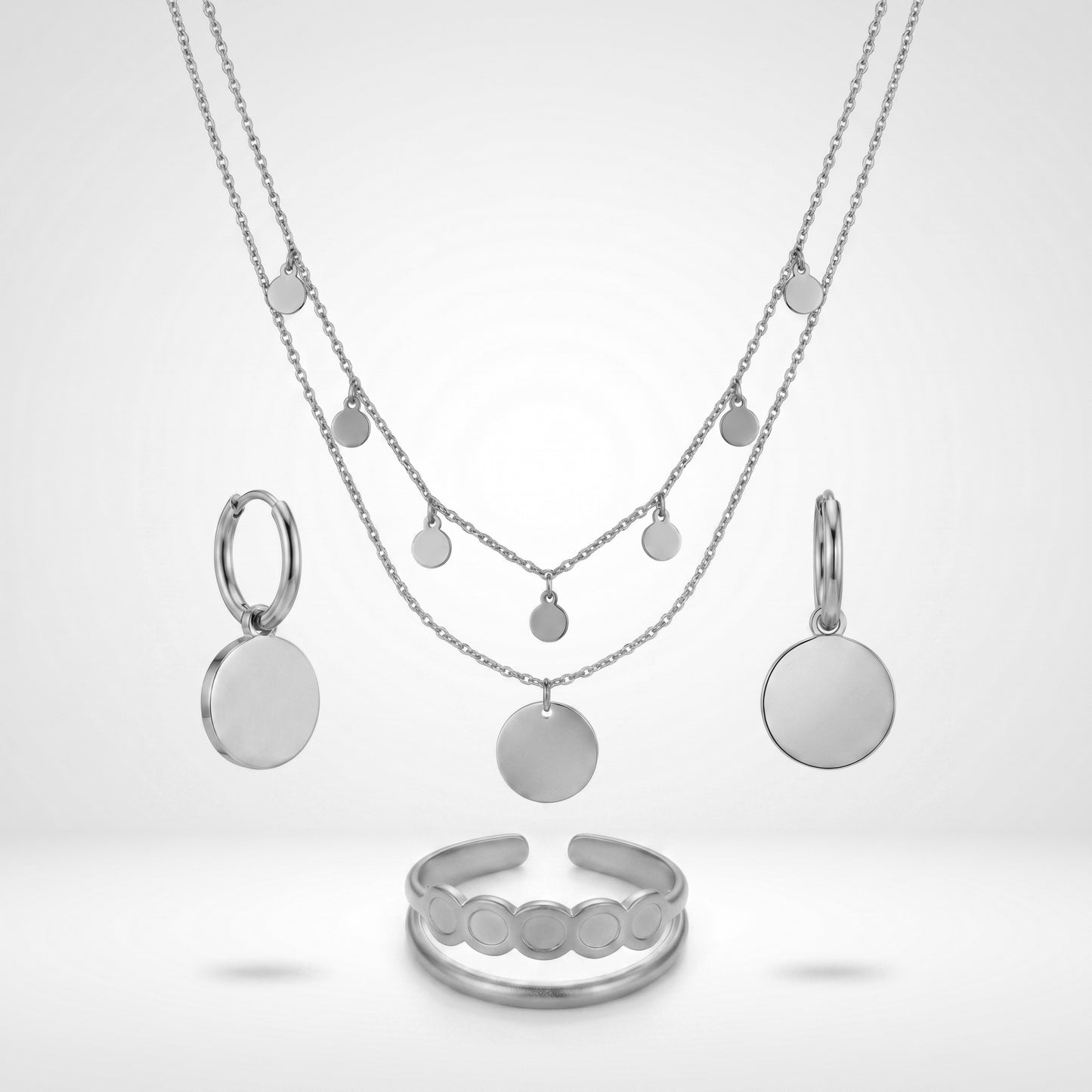 Waterproof Stainless Steel Disc Jewelry Set, Gold Plated Hypoallergenic Layered Necklace, Earrings & Ring