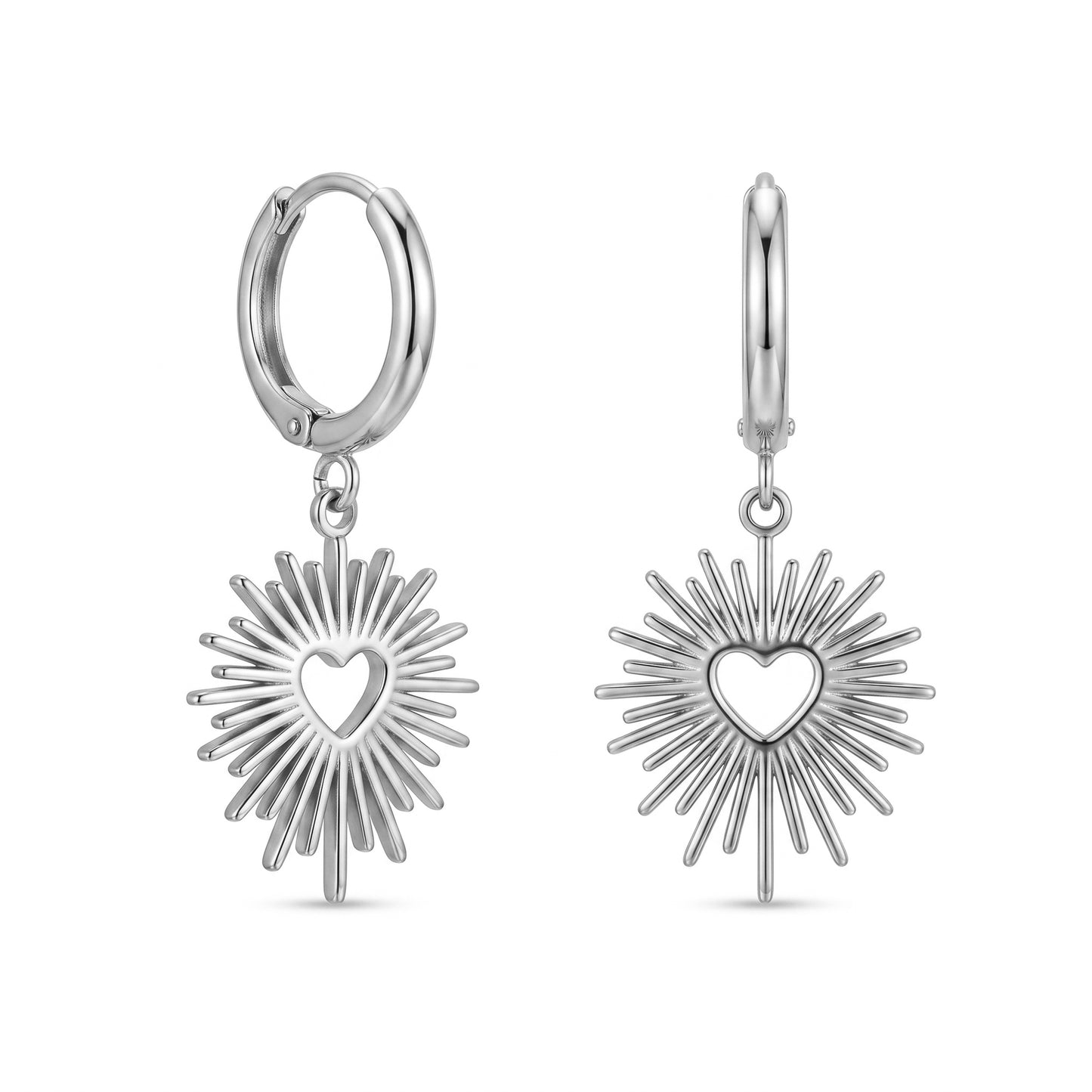 Beach Vacation Sunburst Heart Earrings, Stainless Steel Romantic Hoop Dangle Jewelry