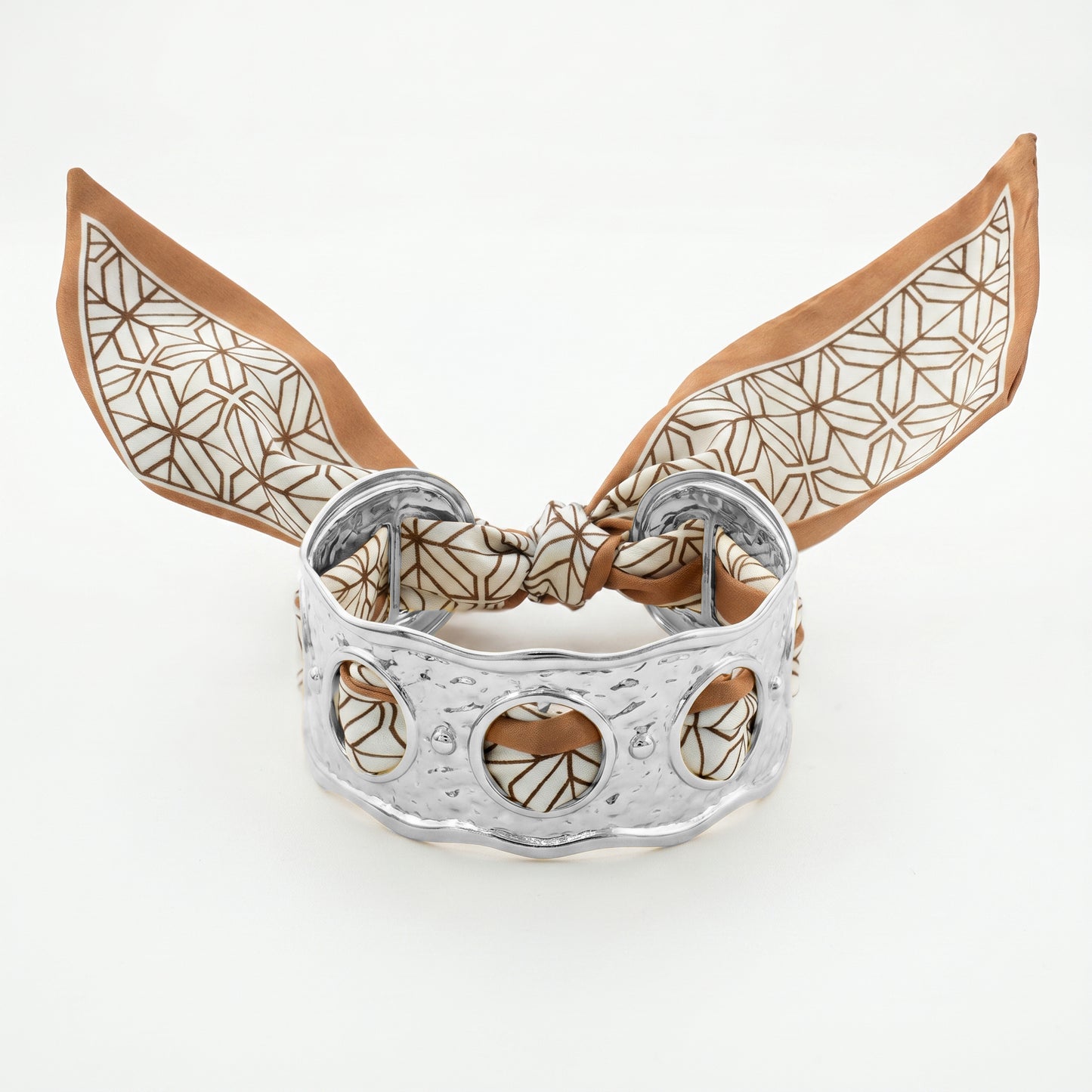 Hammered Cutout Wide Cuff Bracelet with Removable Geometric Scarf, Stainless Steel
