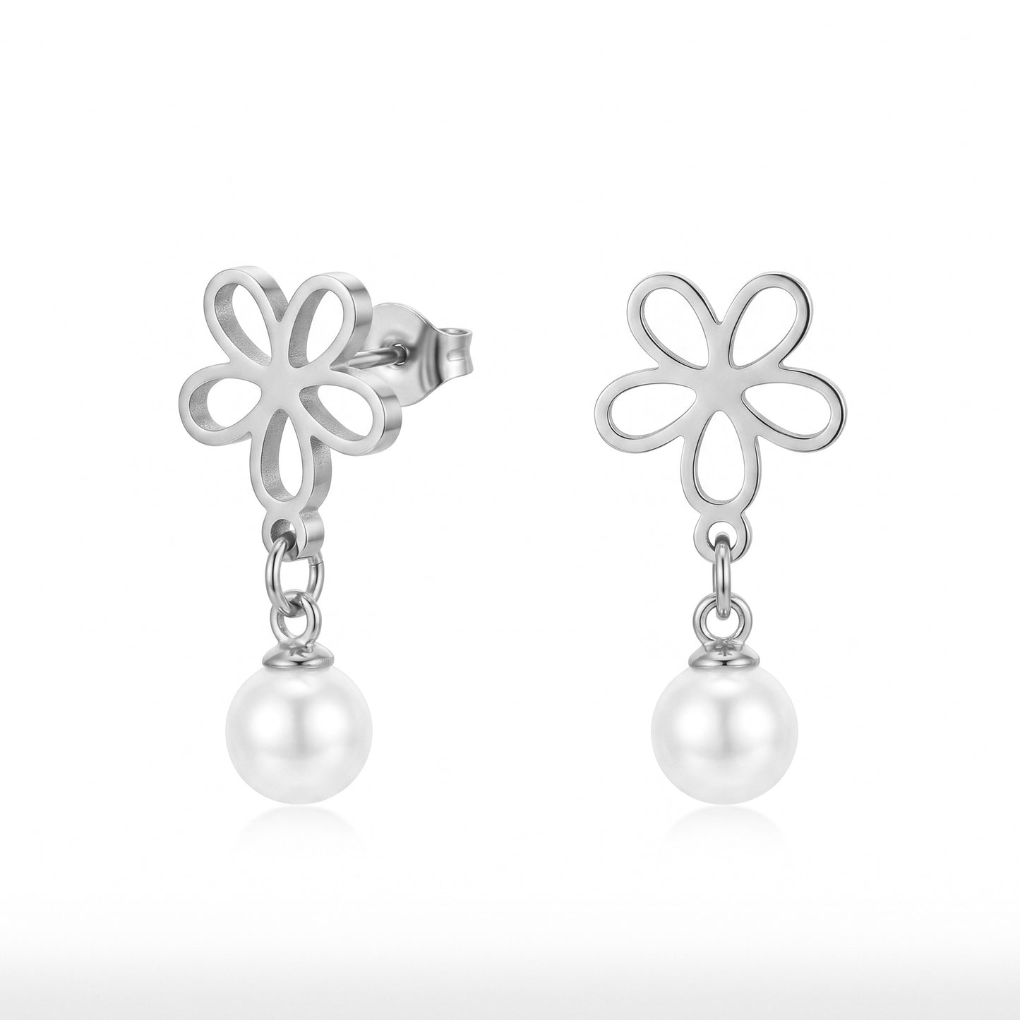 Flower Cutout Pearl Drop Earrings - Gold/Silver Stainless Steel