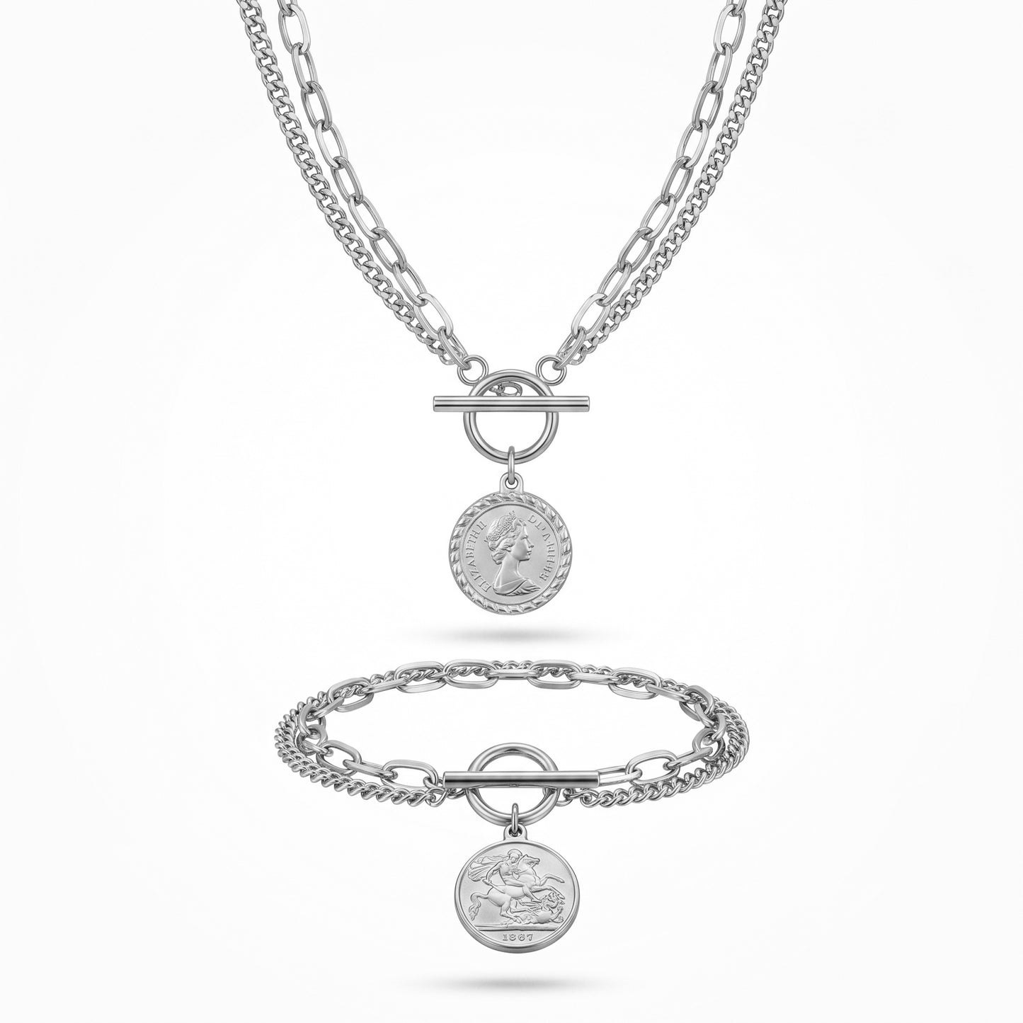 Minimalist Antique Coin Toggle Bracelet & Necklace Set - 18K Gold Plated Stainless Steel Dainty Layered Accessories
