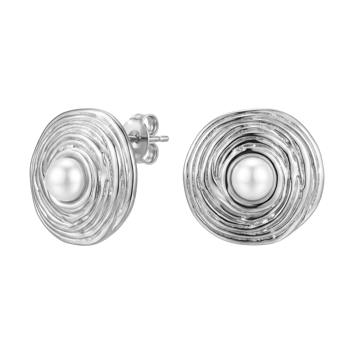 Vintage Swirl Pearl Stud Earrings, 18K Gold Silver Stainless Steel Textured Hoops