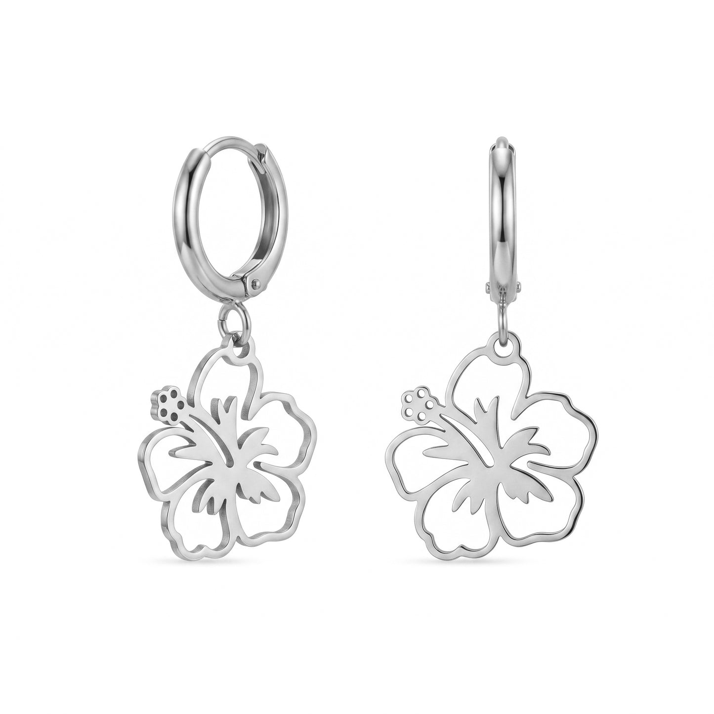 Hawaiian Hibiscus Charm Hoops, High Polished Stainless Steel Vacation Statement Earrings
