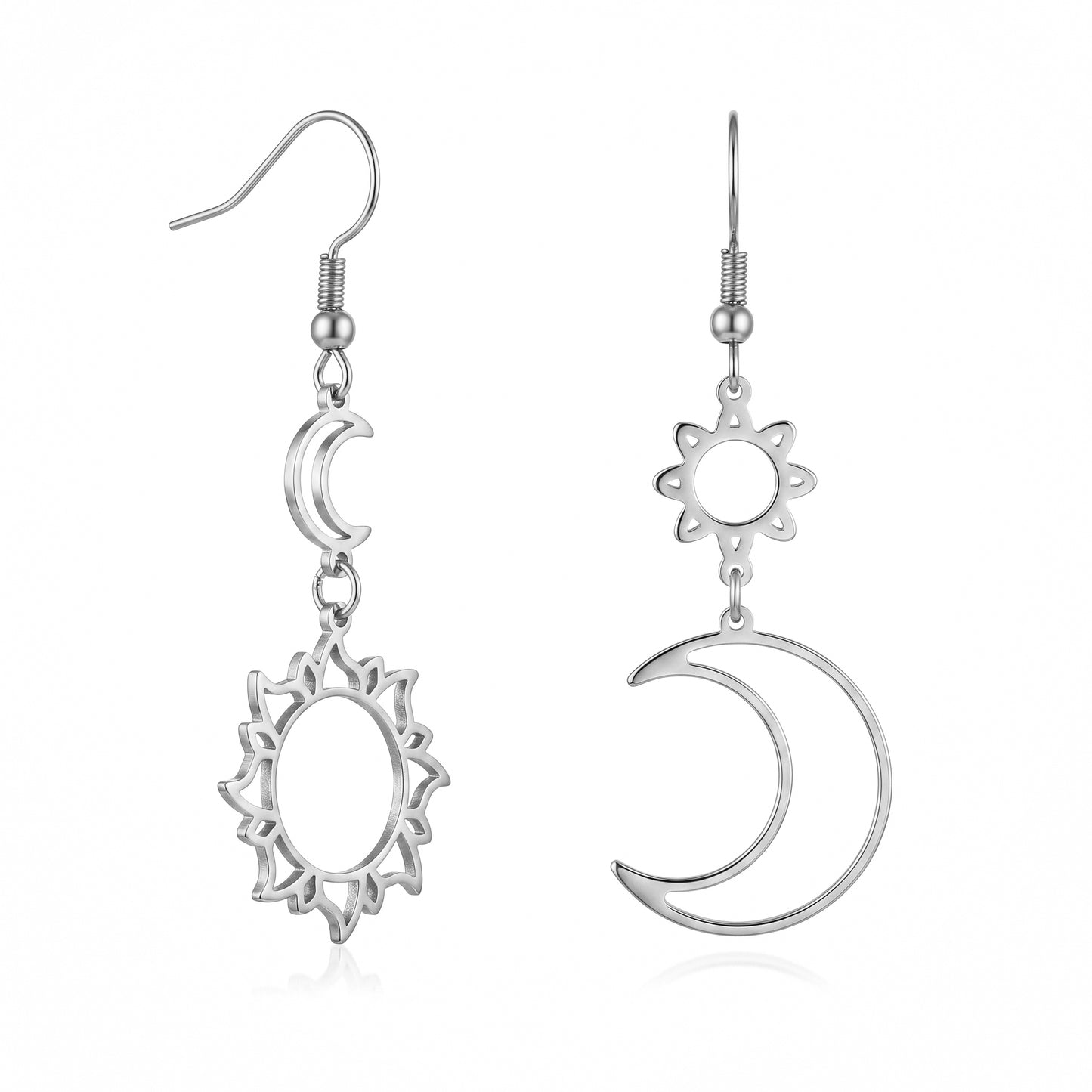 Nickel Free Asymmetric Sun Moon Earrings, Stainless Steel Hypoallergenic No Fade Drop Earrings