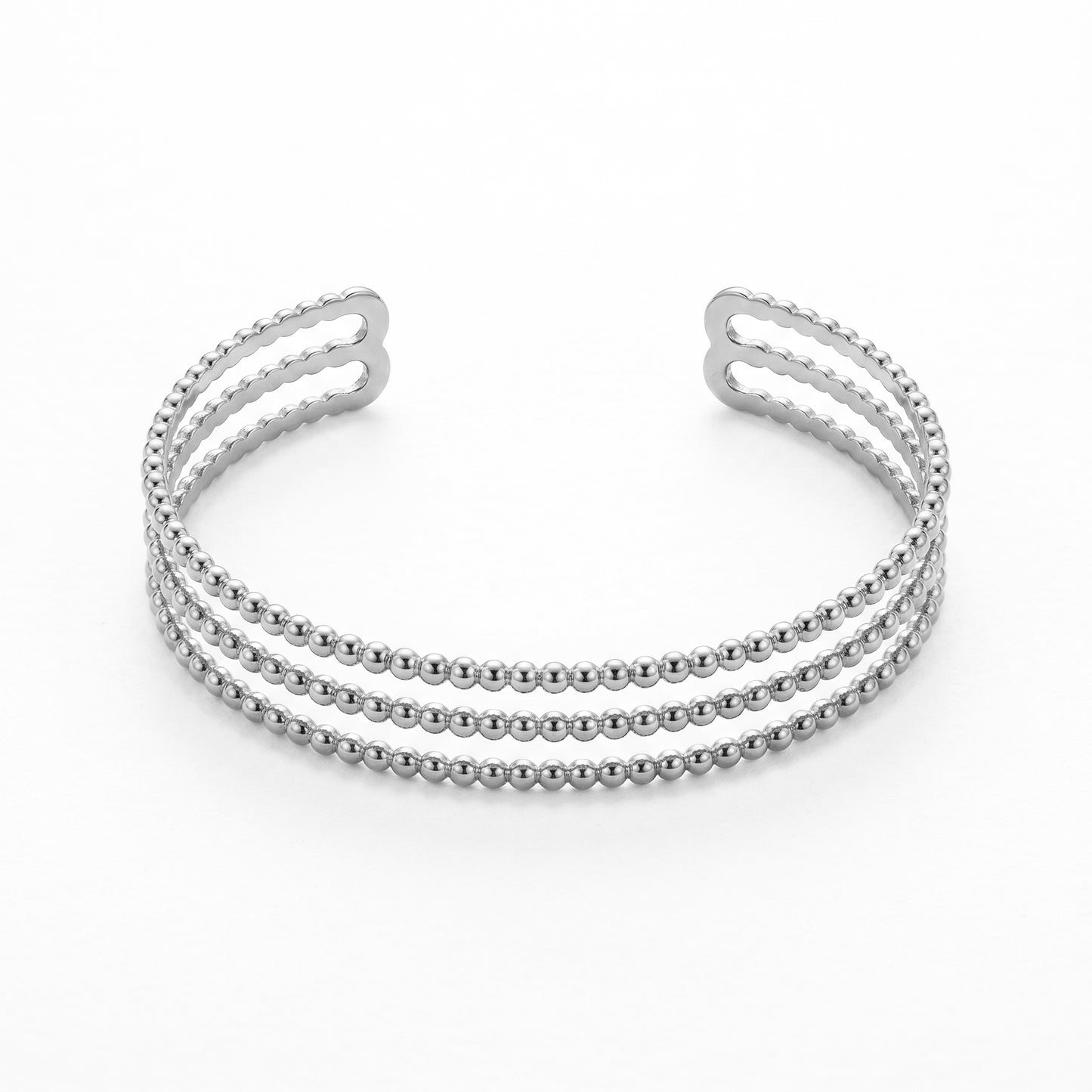 Adjustable 3-Row Beaded Open Cuff Bangle, Stainless Steel Ball Chain Bracelet