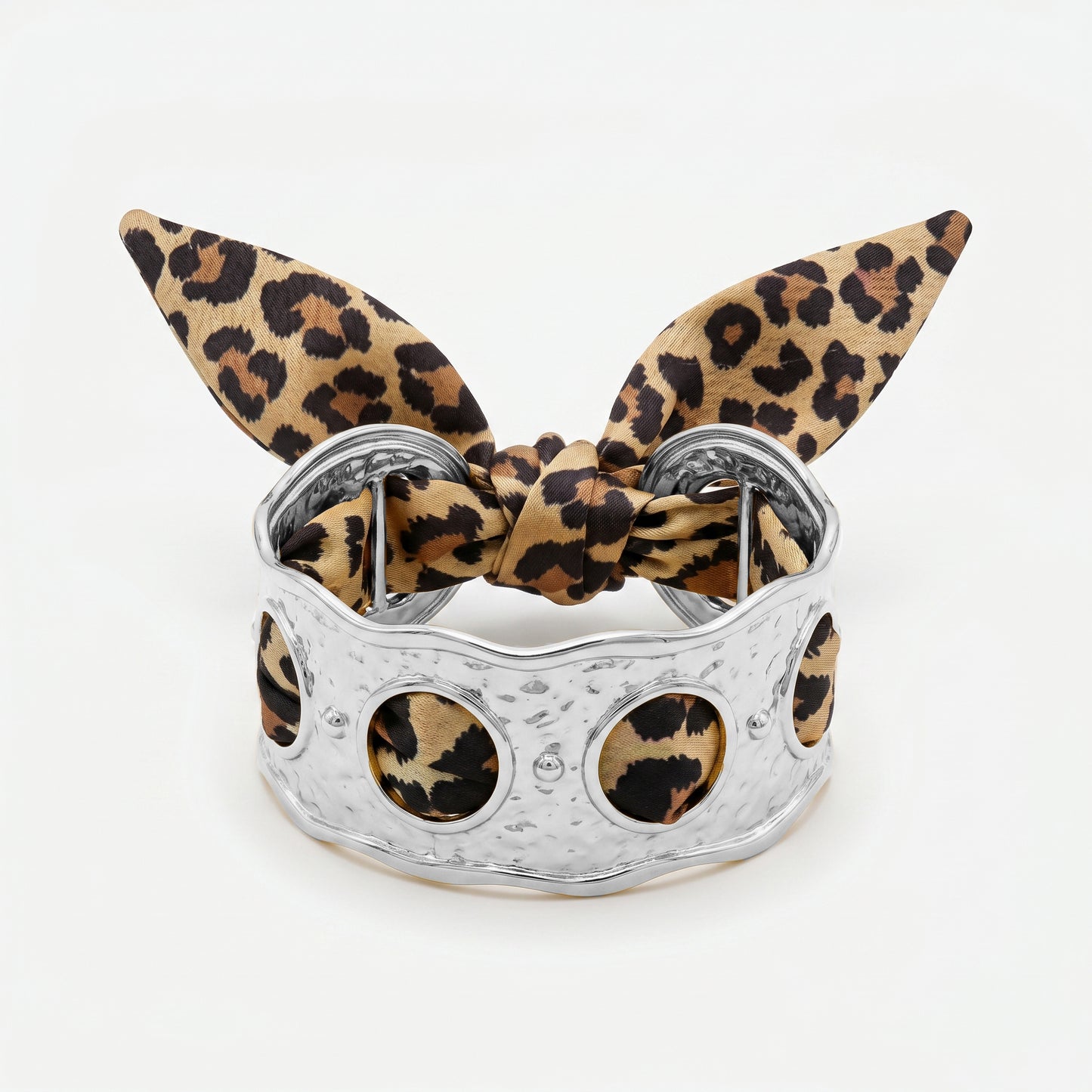 Luxury Leopard Print Silk Scarf Hammered Gold Cuff Bracelet for Women