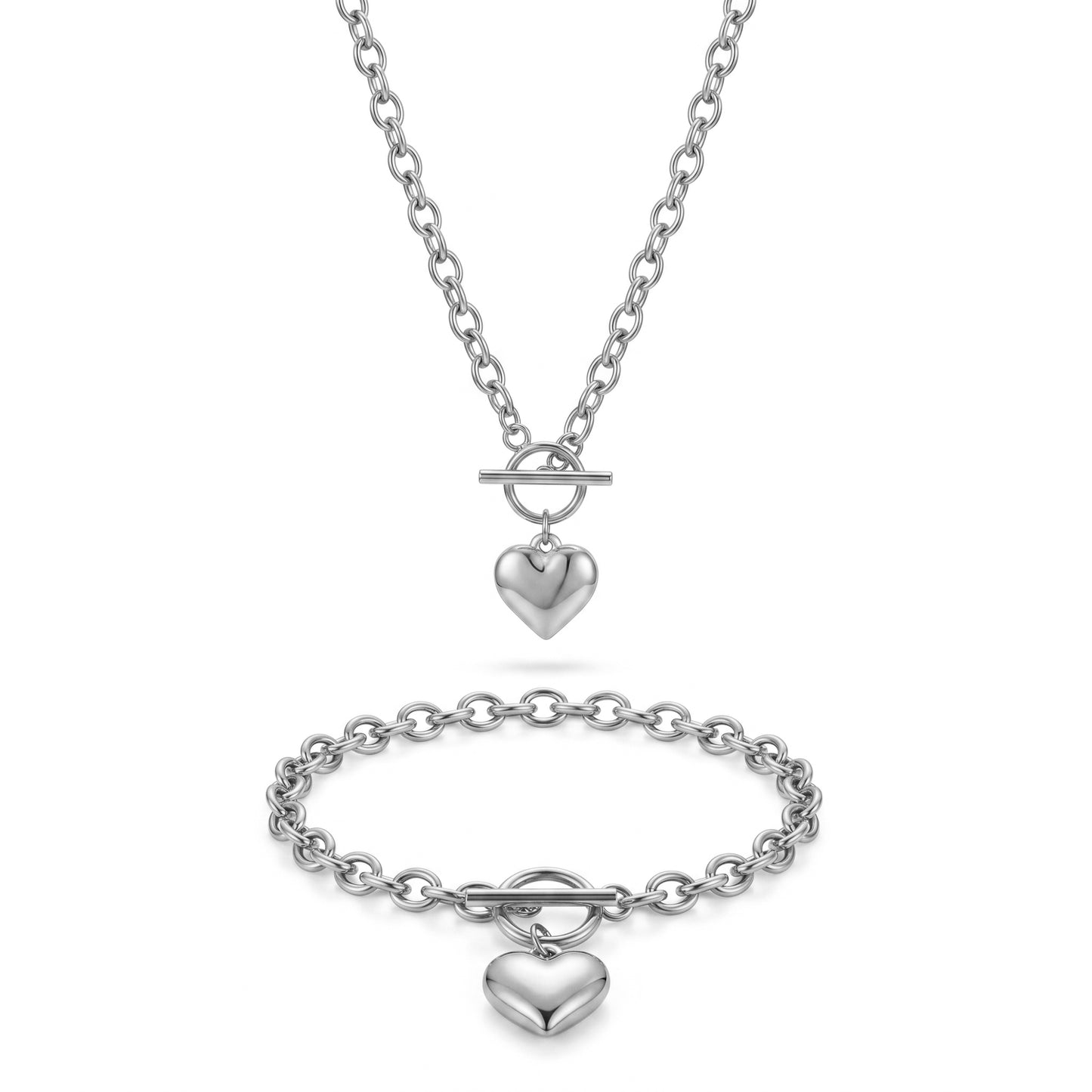 Toggle Clasp Puffy Heart Necklace & Bracelet Set - 18K Gold Plated Waterproof Stainless Steel