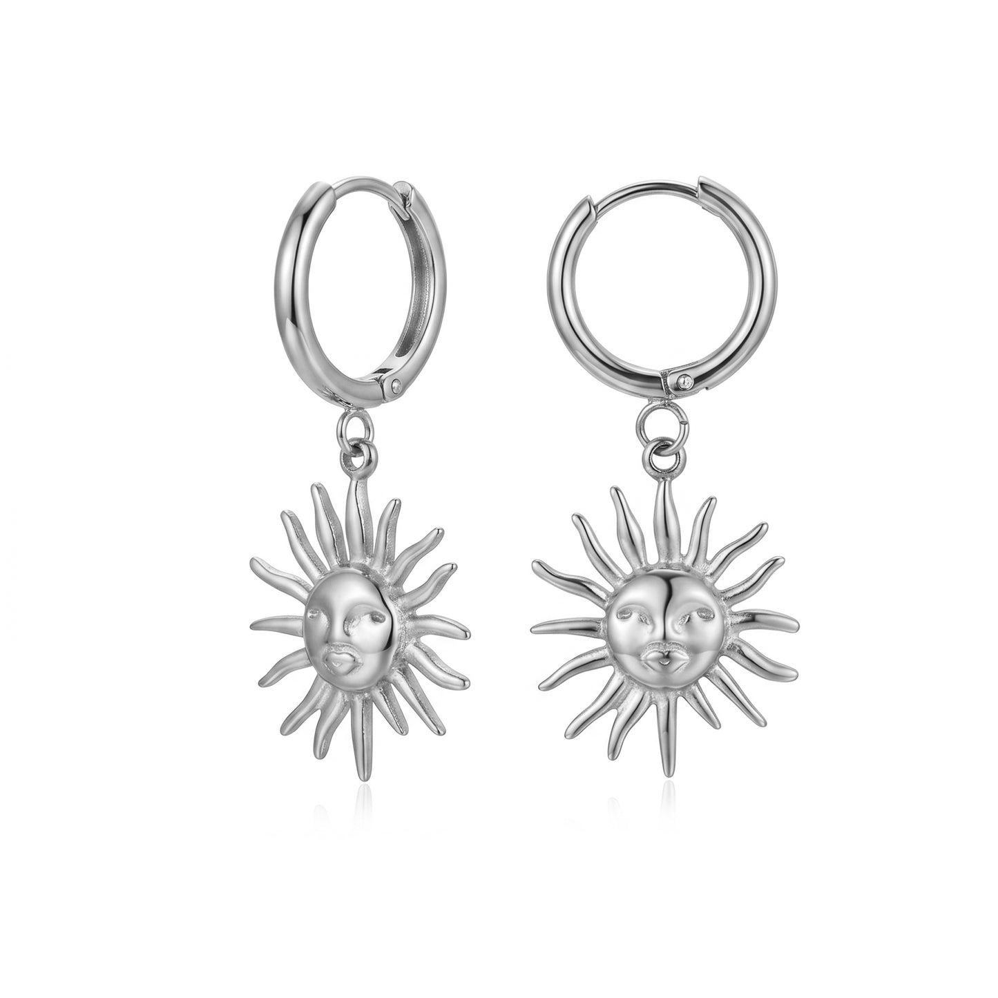 Nickel Free Sun Face Hoop Earrings, Stainless Steel Hypoallergenic No Fade Drop Hoops